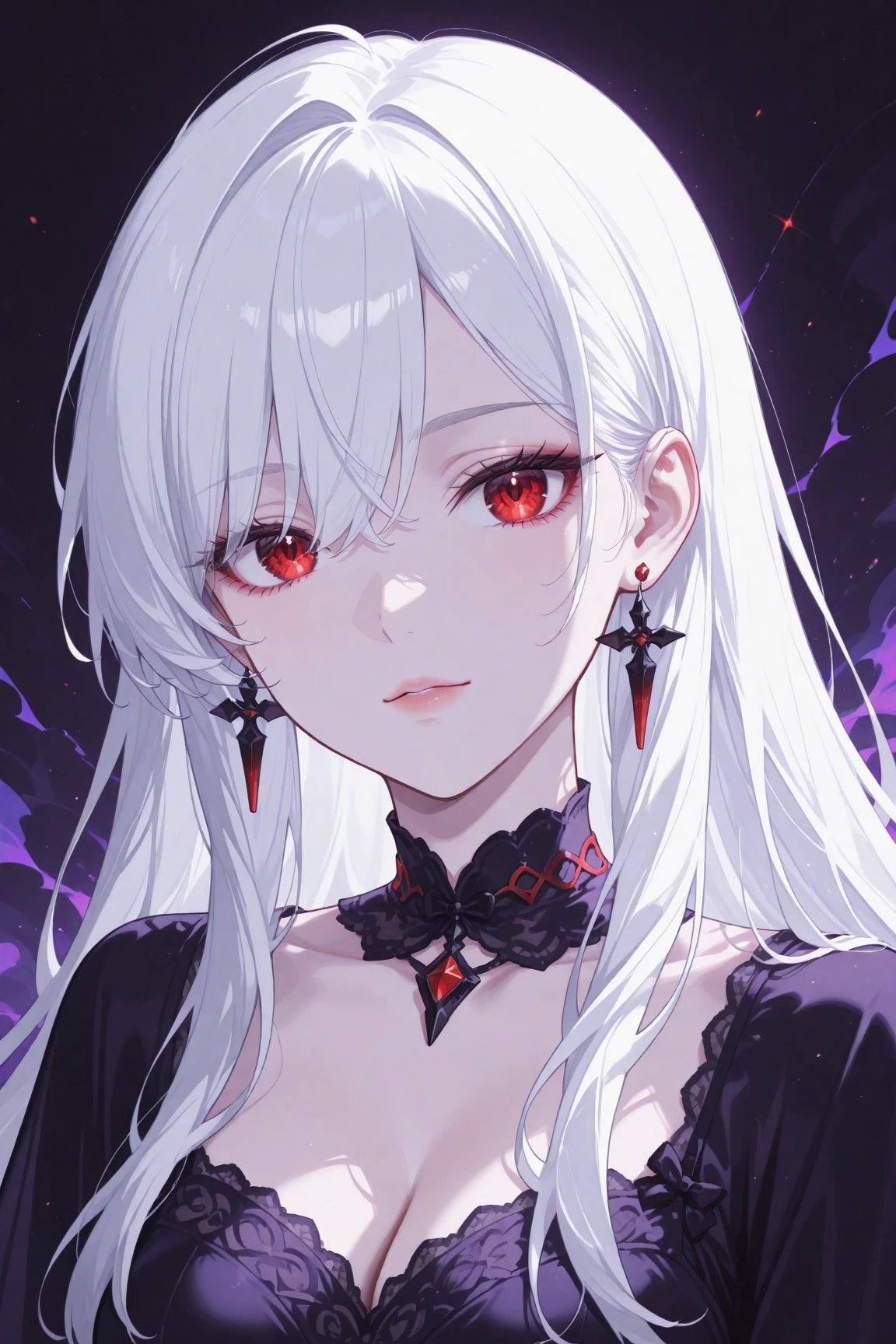 (masterpiece, best quality, ultra-detailed, best shadow), (detailed background,dark fantasy), (beautiful detailed face), high contrast, (best illumination, an extremely delicate and beautiful), ((cinematic light)), colorful, hyper detail, dramatic light, intricate details, (1girl, solo,white hair, sharp face,red eyes, hair between eyes,dynamic angle), blood splatter, swirling black light around the character, depth of field,black light particles,(broken glass),magic circle,