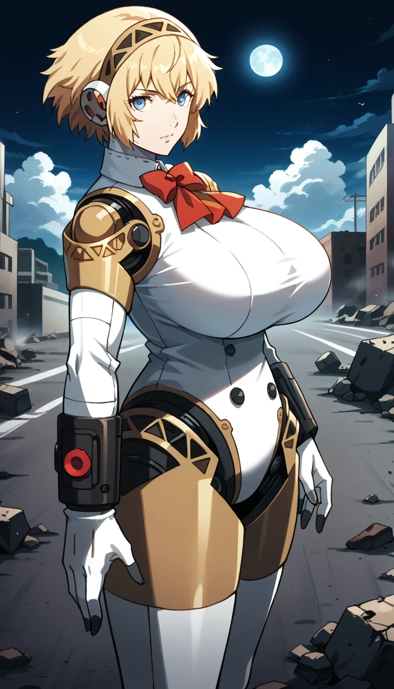 White cyborg woman((From below)),Brown Hair,Light brown eyes,Twin tails,thick-boned,On the ground,Being outside,weather((sunny)),Beautiful curves,Medium Hair,Curvaceous machine body,Mechanized hip joint,Machine Body,Mechanized limbs,Puffy nipples,Blushed,Troubled expression,Prosthetic arm,Prosthetic limbs,Curvy abdomen,White Armor,Chest armor,Smooth Armor,Mechanical chest,Be on guard,
