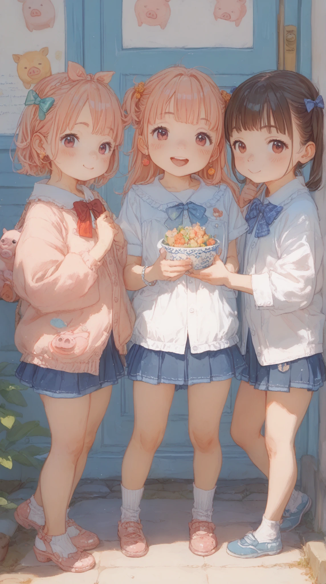 cute illustrations、Realistic pigs、(((Three animalsの子ブタ、Three animals、Three people)))、Bipedal pig