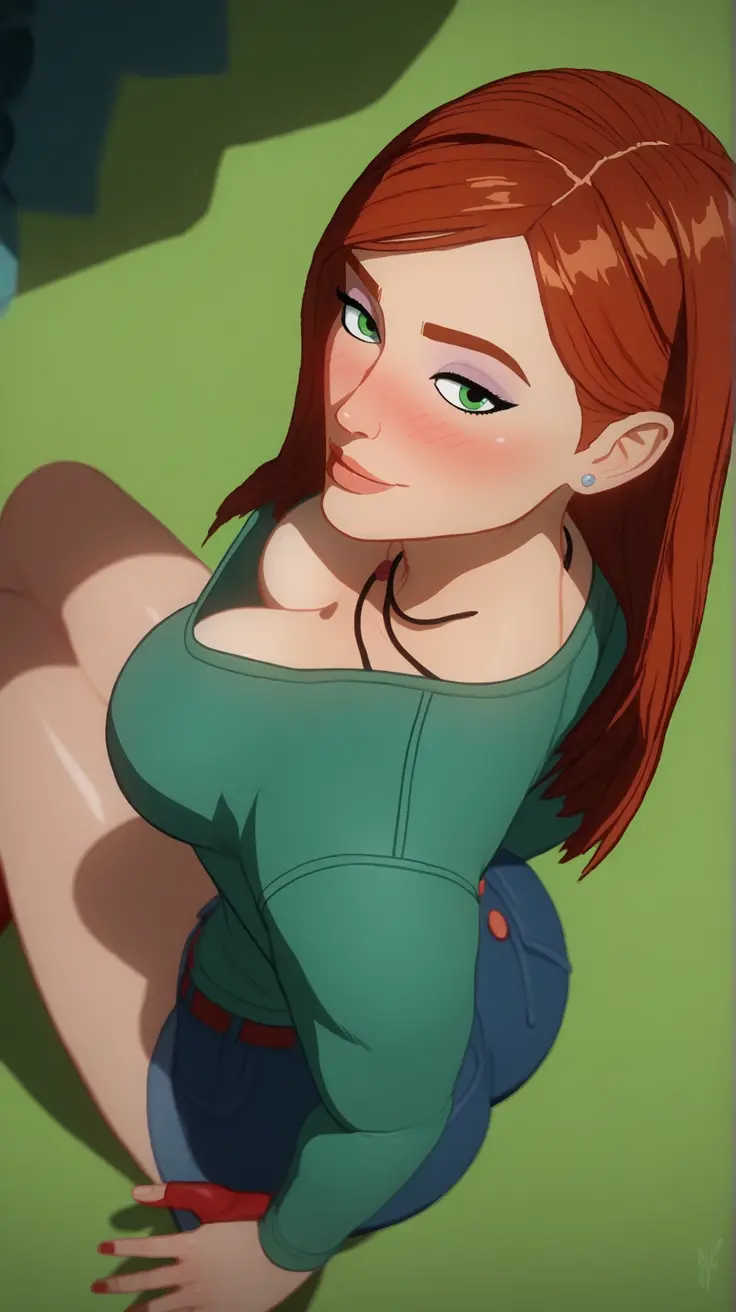 Pixar, (masterpiece),al3xt4nn3r, solo, 1girl, 30 years old, Beautiful face, detailed face, sexy, black lipstick, ginger hair, wavy hair, slim, thick thighs, medium hair, blonde streaks in hair, Pale skin, Freckles, green eyes, small waist, hands behind head, armpits, on back, laying down on bench, on bench Alone, yoga, gray Halter Top, wet shirt, unbuttoned, open shoulders, thong fishnets, (open mouth:1.5), drooling, Choker, (sweaty:1.0), sweat, oiled, abs, black high heels, no sun, cloudy day, shadows, soft light, bench, Private Garden, Bushes, (full body:0.5), (side view:1.0)