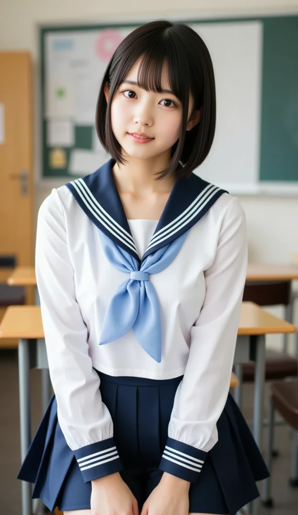 (Top Quality, 8K, Masterpiece: 1.3)), Focus: 1.2, Perfect Body Beauty: 1.8, Ass: 1.2, ((Layered Haircut, Breasts: 2.5)), Japan High School Girl, Sailor Suit Worn by Japan High School Student, JK, Junior High School Student, (School, Classroom), Highly Detailed Face and Skin Texture, Big Eyes, Tanuki Face, Double Eyelids, Whitened Skin, Shoot Cut