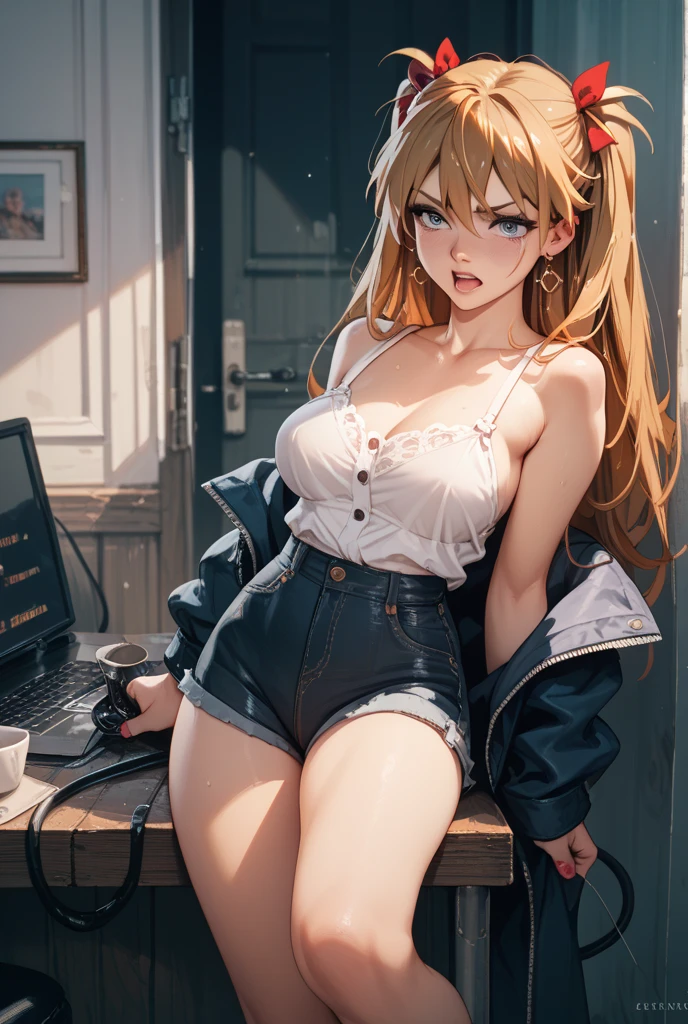 Lofi Beats for Programmer 📚 Coding Music 💻 Relaxing Music | Stress Relief 🌿 lofi hip hop - lofi songs | study / relax / Avocado Music Channel. A beautiful listening to music while wearing body suit that reveal her naked body with her big tits, nipples. 
A stylish and confident woman exudes charm in a white sports bra and black high-waisted black leggings. Accompanied by a fashionable cap and warm smile, she sits on the chair with legs crossed effortlessly, she look into the computer monitor and wear headset. This stun-ning image, possibly a photograph, captures her elegant presence and impeccable fashion sense. Her radiant aura and poised demeanor are highlighted by the high-quality composition, drawing viewers in with its undeniable allure.