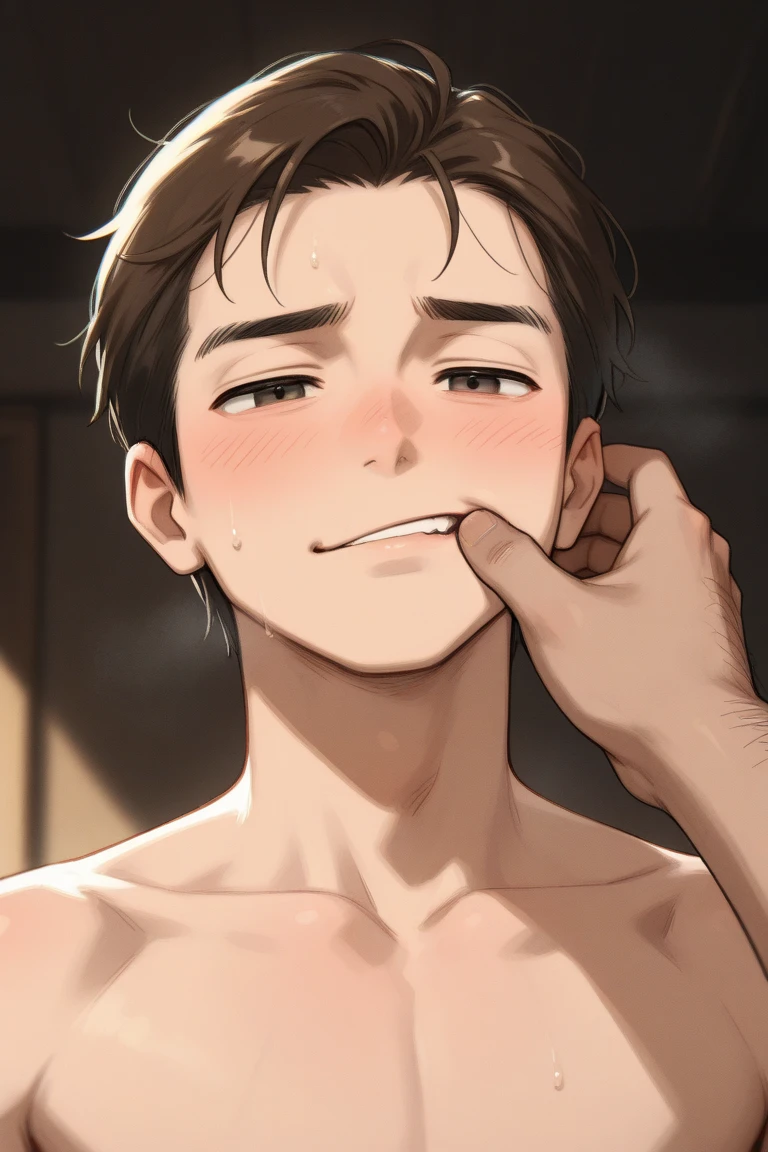 11yr old boy blush pain and protrude,sucking penis,naked,webtoon style,seen from above