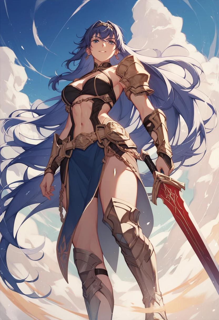 A female swordsman wearing shiny metallic steel armor.、Armpit、belly button、Thighs、Fighting monsters in a dungeon、Sword in right hand、shield in left hand