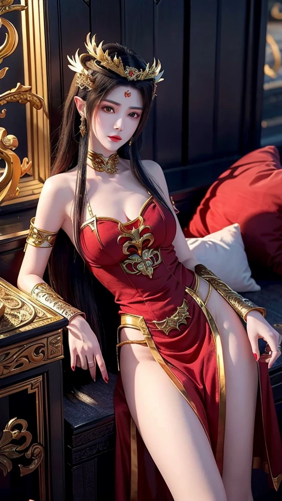 Arad woman in red dress standing near the windowsill, cute anime waifu in a sexy dress, trending on cgstation, 8K high quality detailed art, anime barbie in sheer red stockings, highly detailed exquisite fanart, Extremely detailed Artgerm, the anime girl is crouching, flowing magical robe, beautiful and seductive anime woman, WLOP and Sakimichan
