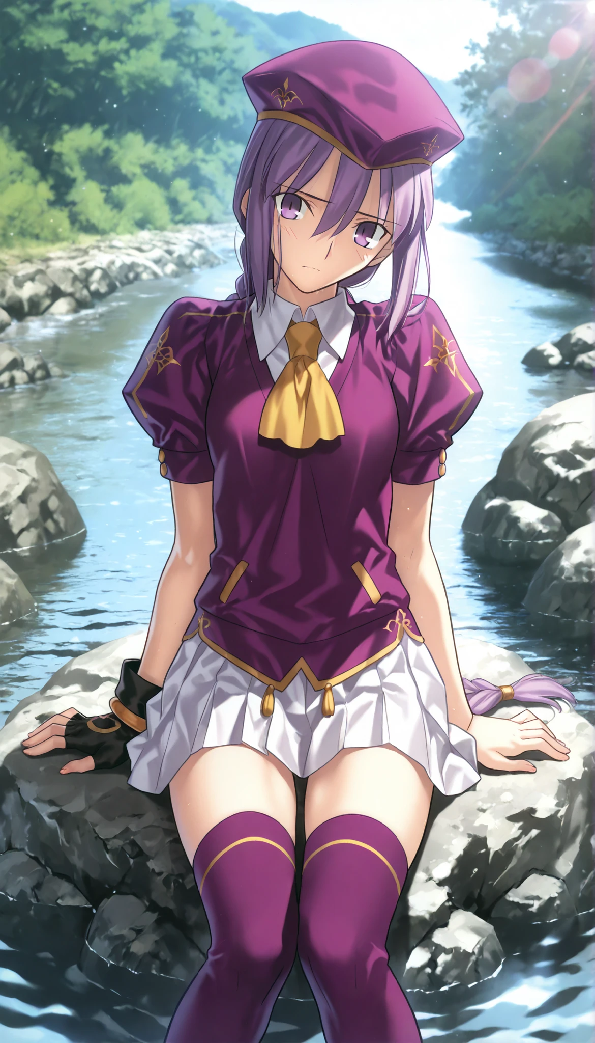 masterpiece, , absurdres, highres, detailed background, high resolution, masterpiece, necessary, detail, best quality, quality, necessary, details, High details, Precise, 8k outdoors, (colorful light particles, powder light, river), day, lens flare, blurry background, from above,
1girl, Takeuchi Takashi (type-moon,tsukihime) style, takeuchi takashi style, (aged up), (sitting on rock),(facepalm) ,long thighs,
girl, (slender body, slim arms, slim bod), (Sion) Eltnum (Atlasia) ,sion eltnam atlasia,(fate), purple hair , purple eyes, tsurime, hair between eyes ,long bang, long hair , braided hair , braided ponytail , yellow ribbon , EltnumOutfit ,small breasts, light purple sweater ,puffy short sleeves, collared undershirt , white undershirt , undershirt , yellow ascot ,(short sleeve), ,white skirt ,miniskirt, gold trim ,purple thighhighs ,single glove ,fingerless glove, black glove ,dark purple beret, ,((head tilt)), looking at viewer,(small breasts), ,