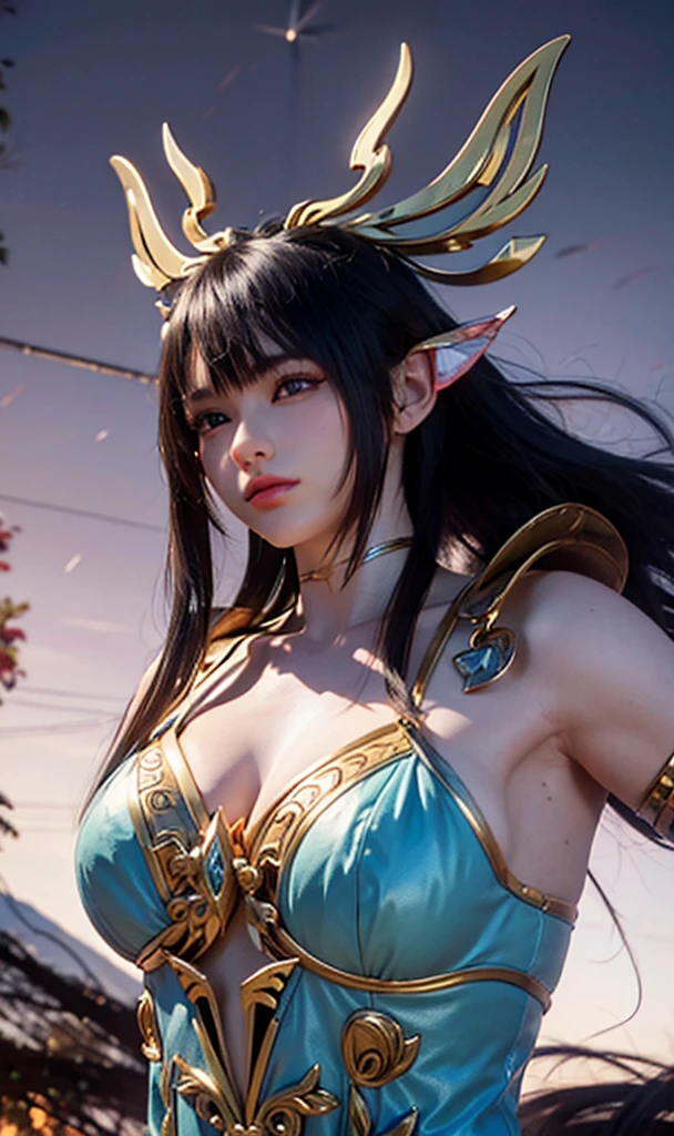 (((goddes)))8K high image quality、masutepiece、Ultra-realistic details、3d rendered、Sexy costume with wide open chest、Detailed body、Detailed chest、A detailed face、Detailed hand、smiling with a calm expression、Bright light shines、Blur the background、