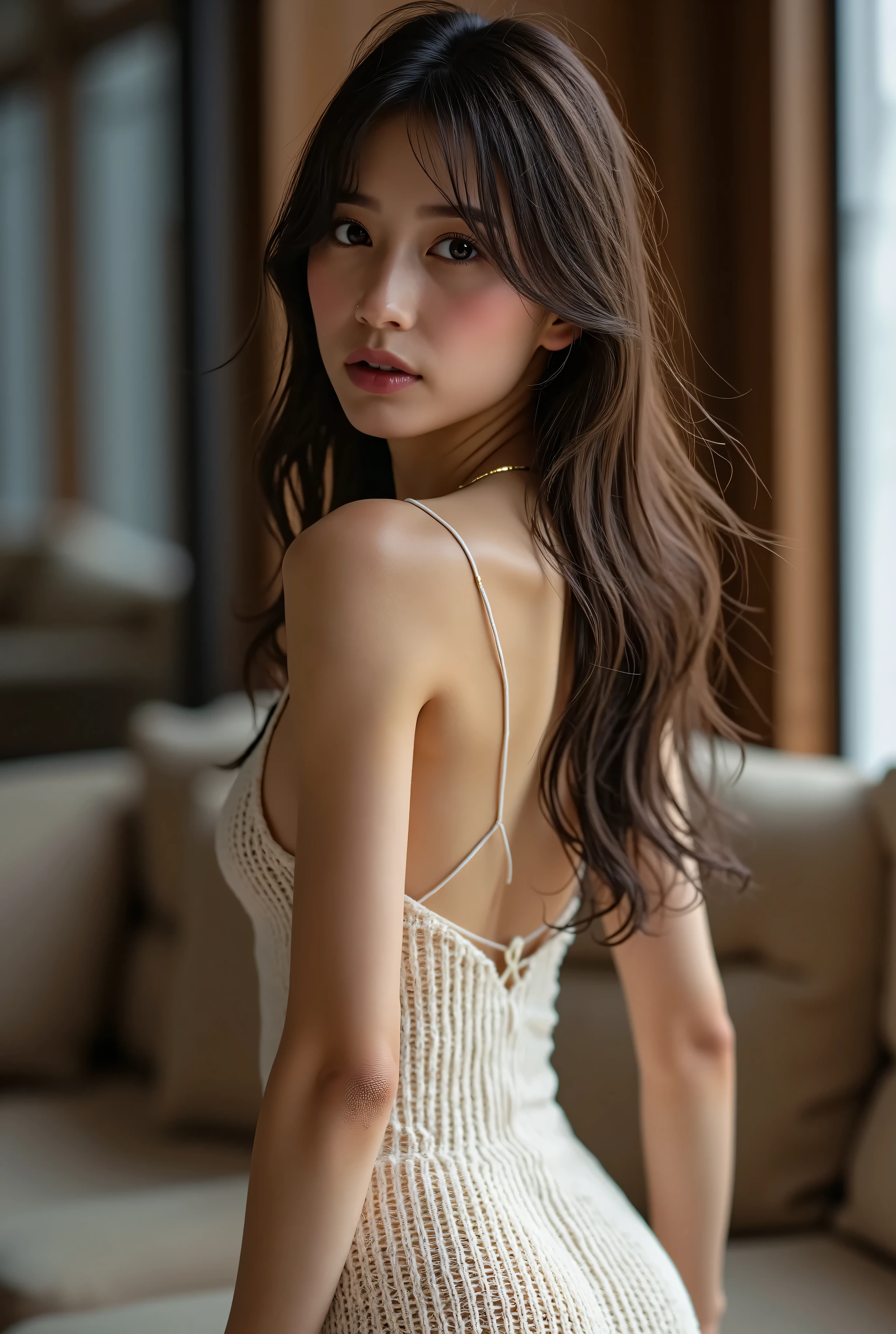 ((anatomically accurate human body structure)), ((photorealistic:1.5)), (NSFW), Highest Quality, masterpiece, Ultra High Definition, realistic, absurd, ((Very sexy pose)), ((Whitish off-white long, tight knit dress)), (1 person), ((very sexy and seductive pose:1.5)), ((Beautiful long brown hair)), (((A very tight knit dress that fits your body and shows your body line {x} A stylish, whitish off-white knit dress with long sleeves from the hands to the elbow that sticks out the shoulders and makes the chest look wide open:1.8))), ((Very sexy pose)), (((A long, tight knit dress with a whitish off-white color:1.5))), ((A very tight knit dress that fits your body and shows your body line)), ((Knit dress with the back side wide open so you can see your back)), ((Off the shoulder to show shoulders, chest, and upper arms)), ((you can see the tips of your nipples with no bra)), (nice and beautiful gold necklace), Very sexy slightly open lips, white lace panties to tie hair with both hands, cinematic lighting, (very real skin), (Highly detailed, realistic eyes:1.9), (Very beautiful long, realistic eyelashes), (Highly detailed, realistic eyebrows), (Round brown eyes :1.8), (Beautiful catchlights in the eyes), (Realistic lips with moisture ), (white realistic teeth neatly arranged), ( Beautiful and Detailed Face :1.6),((Slender and very stylish)), (Beautiful round and shaped bust), (Tight, thin waist), beautiful face, (Looking back diagonally and you can see your back and buttocks:1.5), (Standing and looking back so you can see your back and buttocks:1.2), (Slightly leaning forward: 1.3), (Slightly from above:1.2), (close-up:1.4), realistic, Tight off-white long knit dress with sleeves, ((luxurious living room in a luxury lounge)), Sweaty, Beautiful, Realistic Skin, blurry background, accurate hand shape, Accurate hand finger shape , 5 fingers on one hand , (Color temperature 5000K)