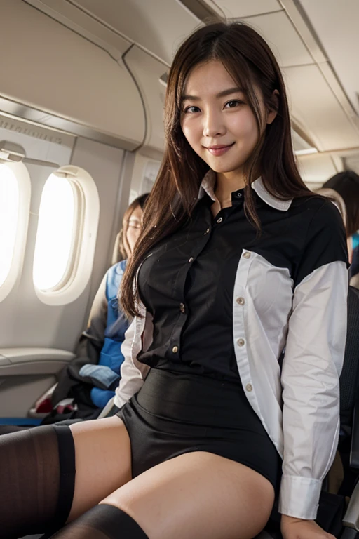 (8K, best quality, masterpiece:1.2), (realistic, photo-realistic:1.37), (high color saturation:1.0), (highly detailed skin), (highest quality:1.0), (ultra high resolution:1.0) ,(realistic:1.0), (Super detailed:1.0), (8K, Raw photo:1.1), (smiling:1.3), natural breast, perfect lighting, 3girls, 24years old, (mysterious), clear and detailed, ((ANA_Cabin Crew, blue flight attendant_uniform)), black pantyhose, (aircraft, aircraft seats), cute face, mini skirt, panties, nsfw, ((skirt lift)), sitting seat,