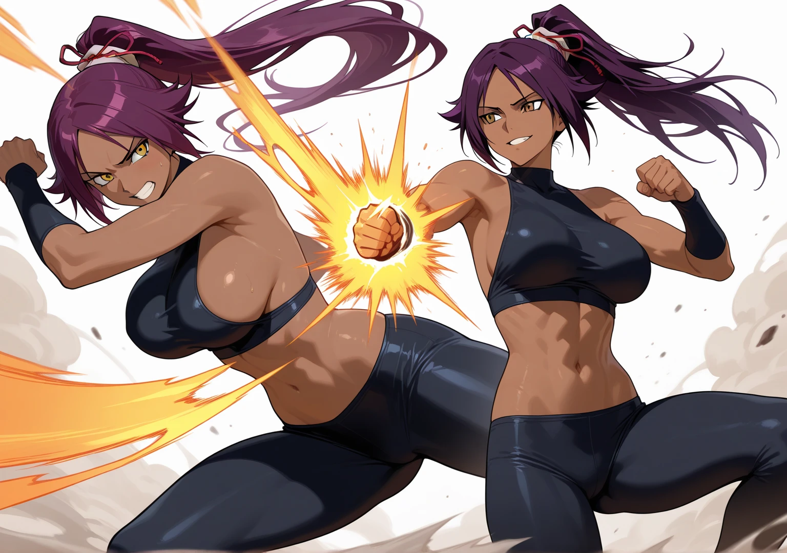 Omega Strikers、Usher、（（（Brown skin）））+++、（（（Black Skin）））+ ＋＋、Muscular busty mature woman、Muscular busty mature woman、Muscular busty mature woman、Shaggy orange hair、（（（Wrap a bandage around the chest）））+++、（（（Wrap a bandage around the chest）））+ ＋＋、Black eyepatch on right eye、Black shorts、Black Stockings、Black gloves、Ferocious、Ferociousな笑み、Battle Maniac、Wrap a white jacket around your waist、Black bangles、Abdominal muscles、Six Pack、Brown skinでBlack Skin、