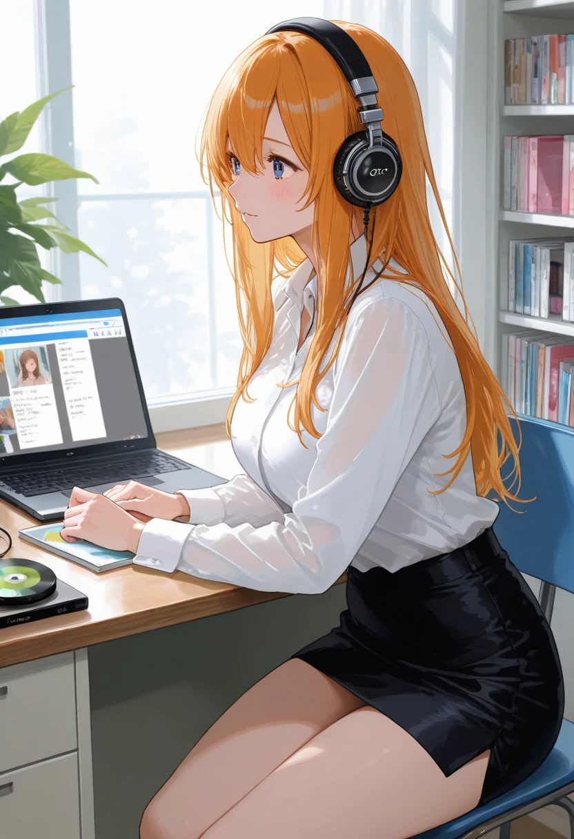 1girl,solo,blonde hair,long hair,purple eyes,indoors,headphones,hair ornament,pen,breasts,cup,cleavage,chair,clock,curtains,open clothes,jacket,bangs,collarbone,pencil,holding,plant,sitting,lamp,hairclip,book,phone,window,shirt,open jacket,pink jacket,blush,computer,desk,desk lamp,laptop,watch,cellphone,jewelry,potted plant,medium breasts,wristwatch,bracelet,bookshelf,mug,closed mouth,hand on own face,upper body,photo (object),table,holding pen,