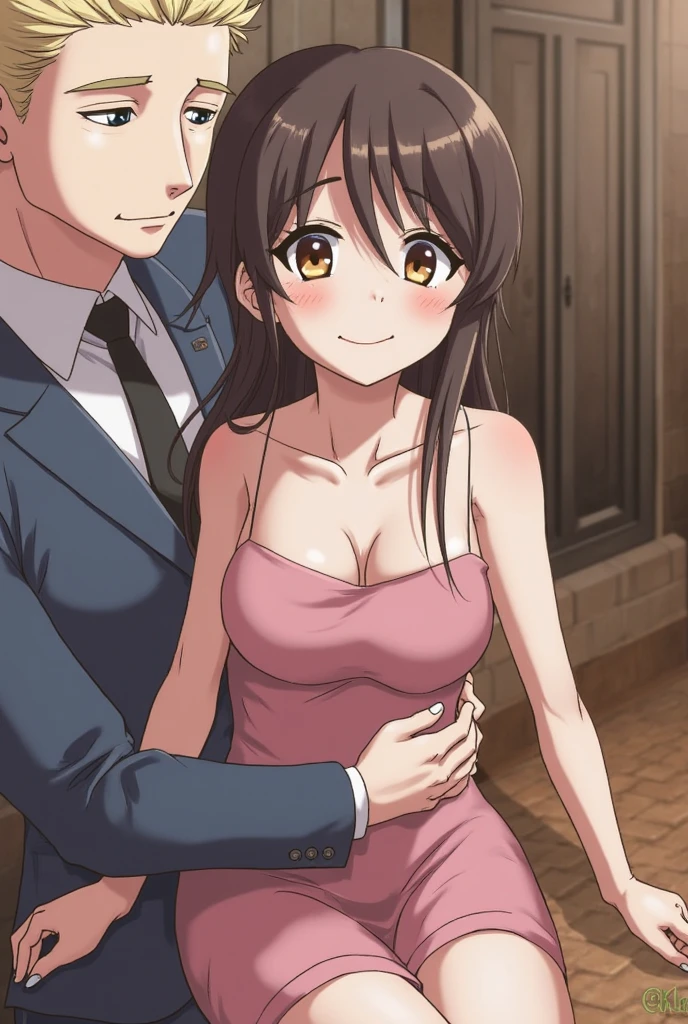 Brown haired milf princess, hugging a 17 year old gentleman dressed to the nines.