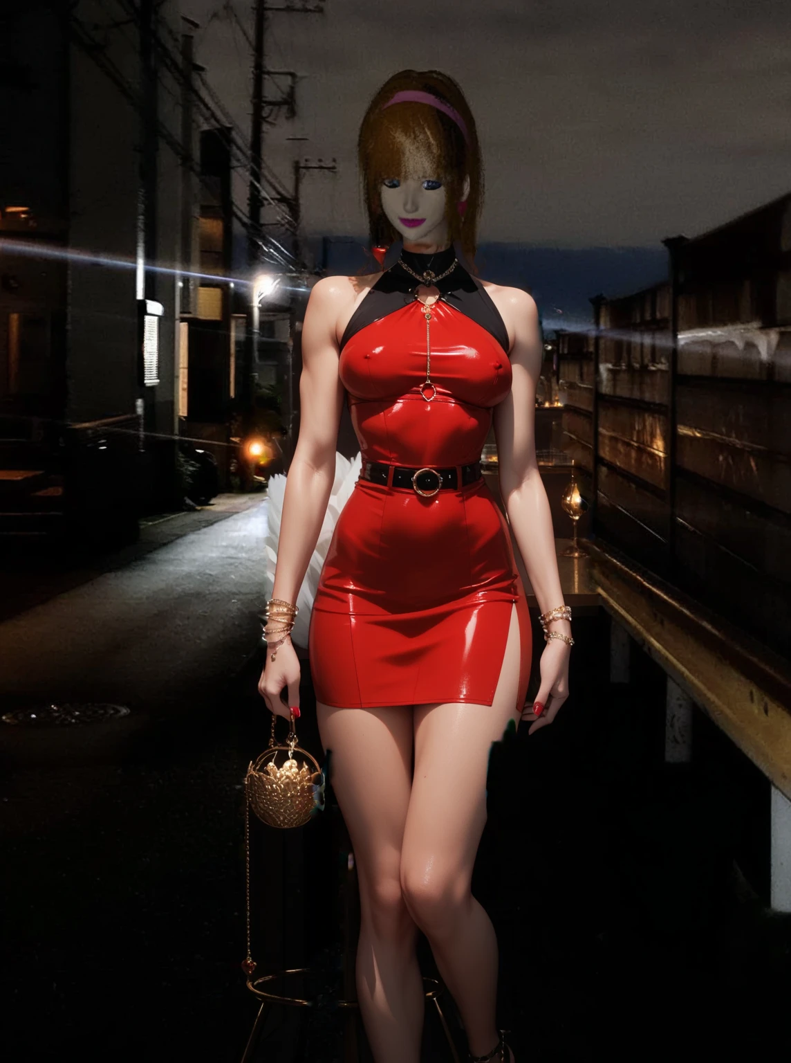 A woman wearing red and black clothes holding, Hero pose colorful city lights, Full body picture，asuka suit, Lara Croft as Heroine, close up, female rouge assassin, Hero Action Poses, 身穿red铠甲的女士, red和电影灯光, 深red服装, red, Confident heroic posture, 全身close up镜头, A heroic look