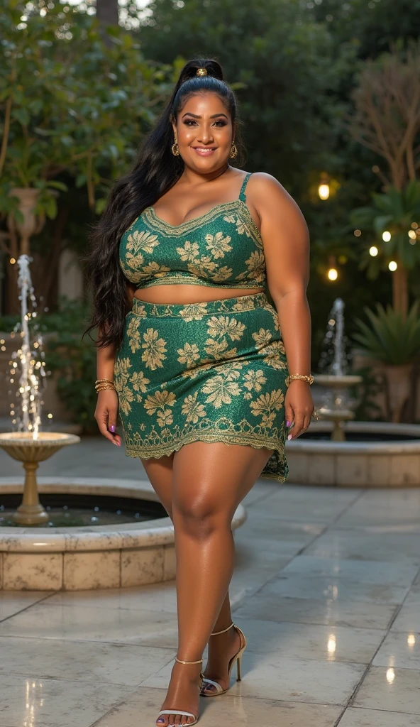 Indian beautiful woman sexy curvy plus size model wearing mint green color designing mini skirt and top facing to camera in standing in the Sierra Madre Occidental landscape,head to thighs view, curvy plus size figure,big m-cup breasts ,wearing Indian Lehenga Choli, side bun hairstyle, bright eyes, thin eyebrows, fair skin, blushing cheeks, prefect ,head to thighs view, head to thigh view, Sierra Madre Occidental landscape background, bright sunlight sitting on swing, spreding legs