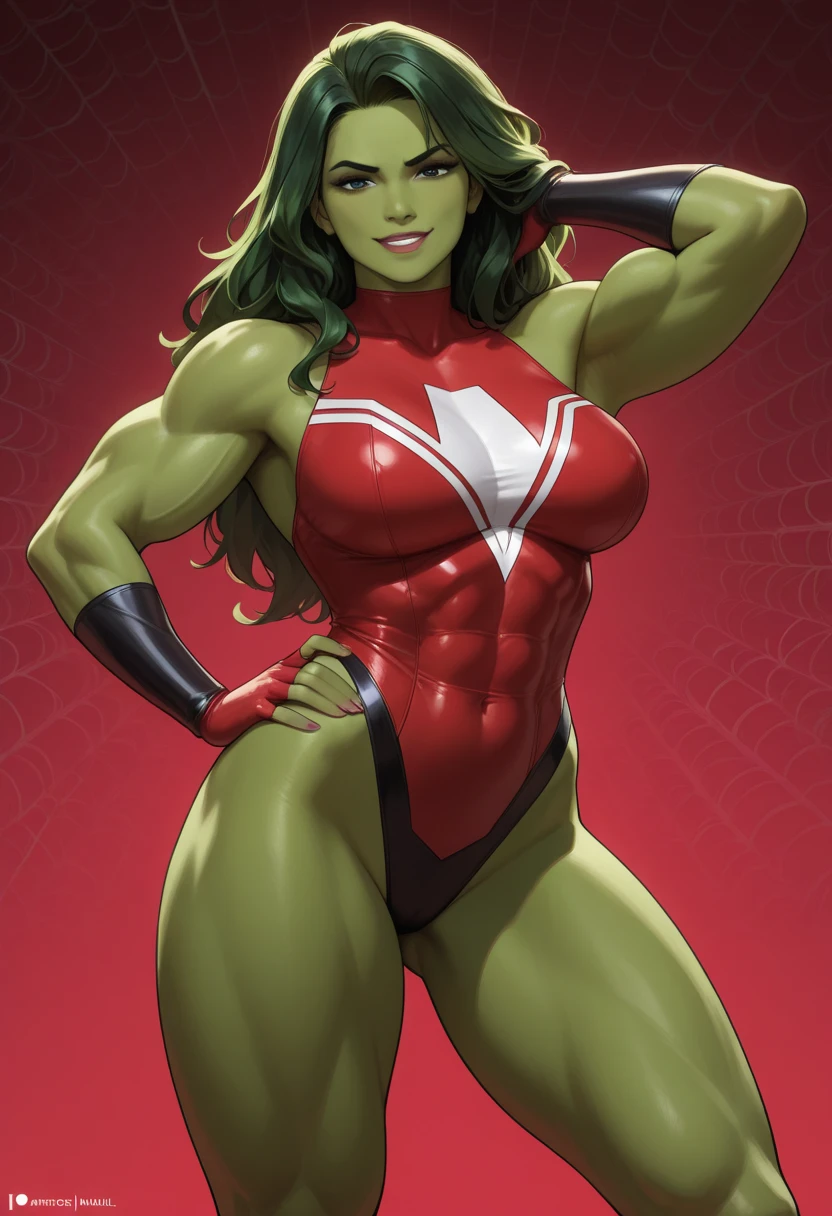 Red She-Hulk, beautiful, muscular woman, red skin, yellow eyes