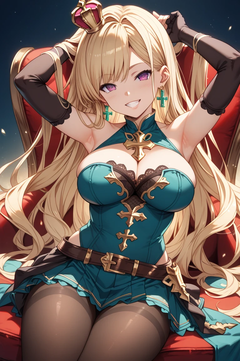 young girl, longue blonde hair, barrette, turquoise eyes, dragon tattoo, red tight uniform, Sleeveless, Wide neckline on the chest, open breasts, Gold Elements, thongs, Body armor, claws, smirk, Masterpiece, hiquality, 4k, HD, Good detail