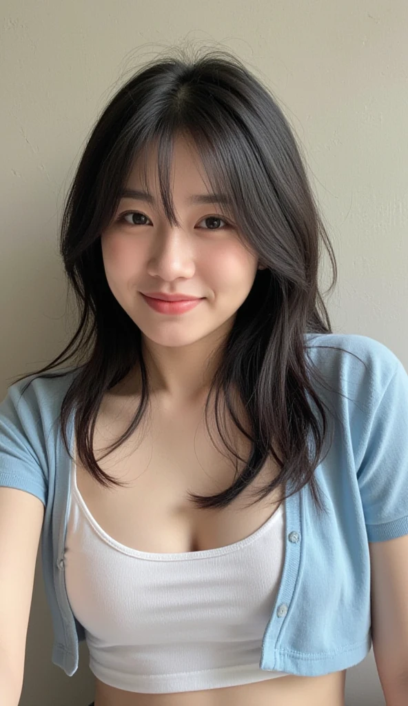 Selfie, long hair, cute woman in her 30s, Japanese woman, f cup, white sweater, cleavage, bangs, eyes slightly separated, chubby body, amateurish look, housewife, stretching arms