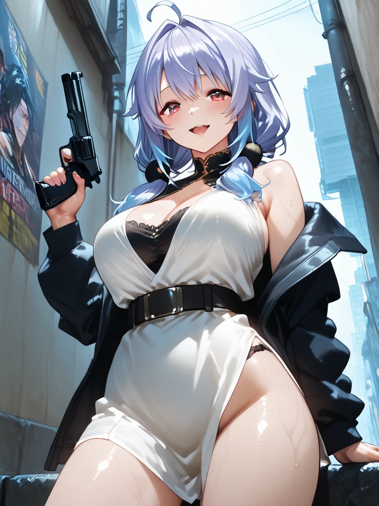 hiquality、Girl in sexy bikini swimsuit running、explosions、loimu、story、big explosion、Cyber Headphones、Silvery hair、poneyTail、Purple Eyes、Super explosion、Have a gun、Street、large full breasts、bustup