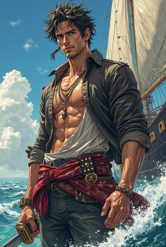 wide angle oil painting, The protagonist is a slender muscular young man, white skin, brown hair, blue eyes, very handsome., The 18th Century Sailor Context: A ship deck, with the rough sea in the background. colors: marine tones, deep blues, whites, dark woods. model: athletic, with tattoos and scars. style: romantic, with a touch of drama. Expression: look to the horizon, expression of determination.