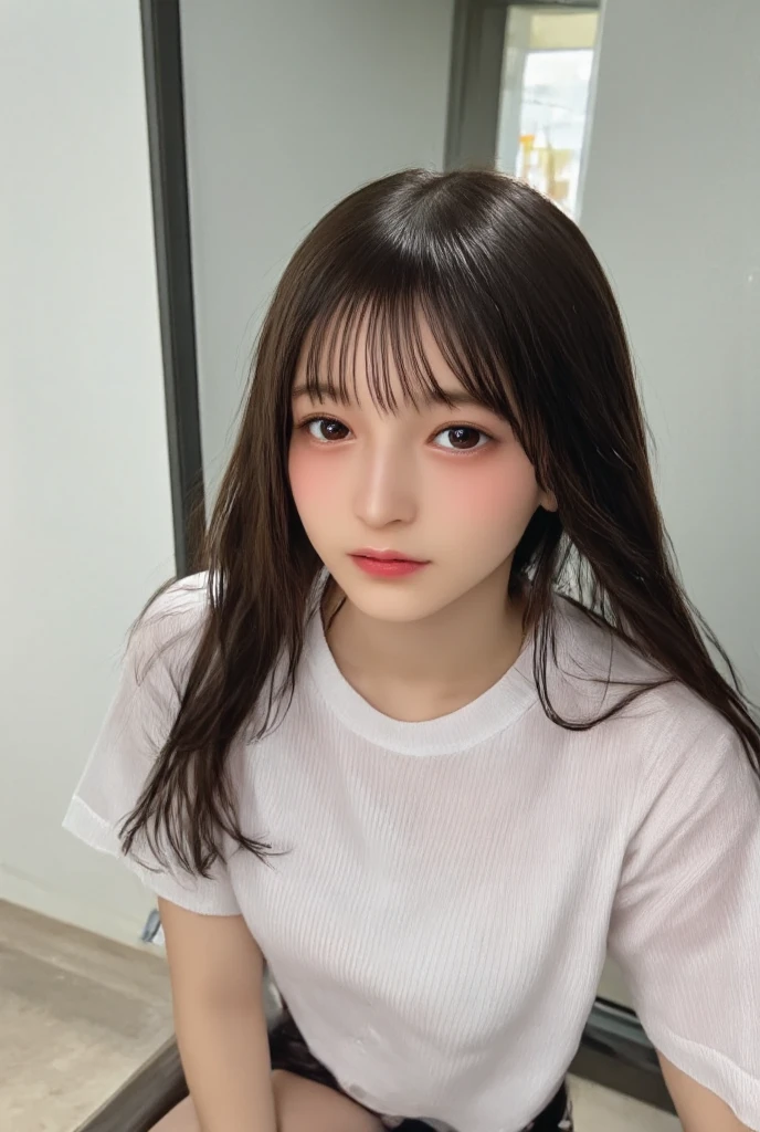 Private channel, pale light, shot bar, light brown hair, wavy hair, long hair, low-cut clothing, white clothing, half Japanese, half Korean, double eyelids, droopy eyes, cute, wet red lips, pink cheeks