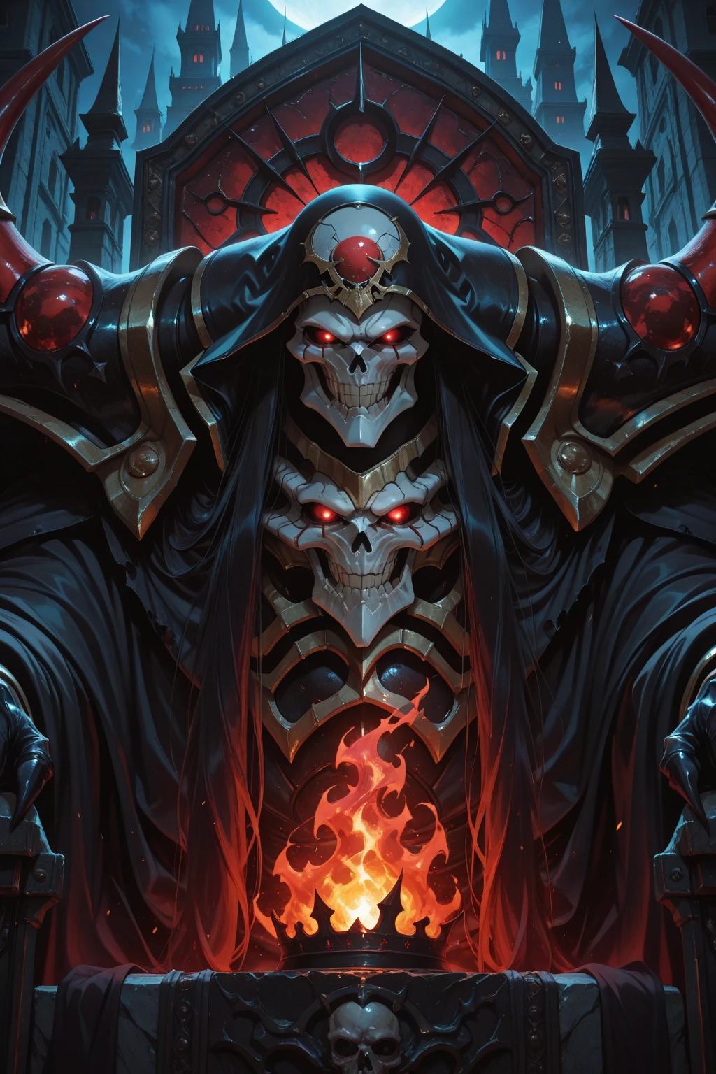 Epic, cinematic close-up of the Dark Lord being summoned: half of his imposing, armored body emerging from a glowing, dark magic portal on the ground. The other half still enveloped in swirling dark energy and runes. The ground around the portal cracked and emitting dark energy. The Dark Lord's eyes glowing with sinister red light, a malevolent grin on his face. Realistic, menacing, and commanding presence, emphasizing the powerful and dark nature of the summoning. Ensure high level of detail and realism to match cinematic quality.