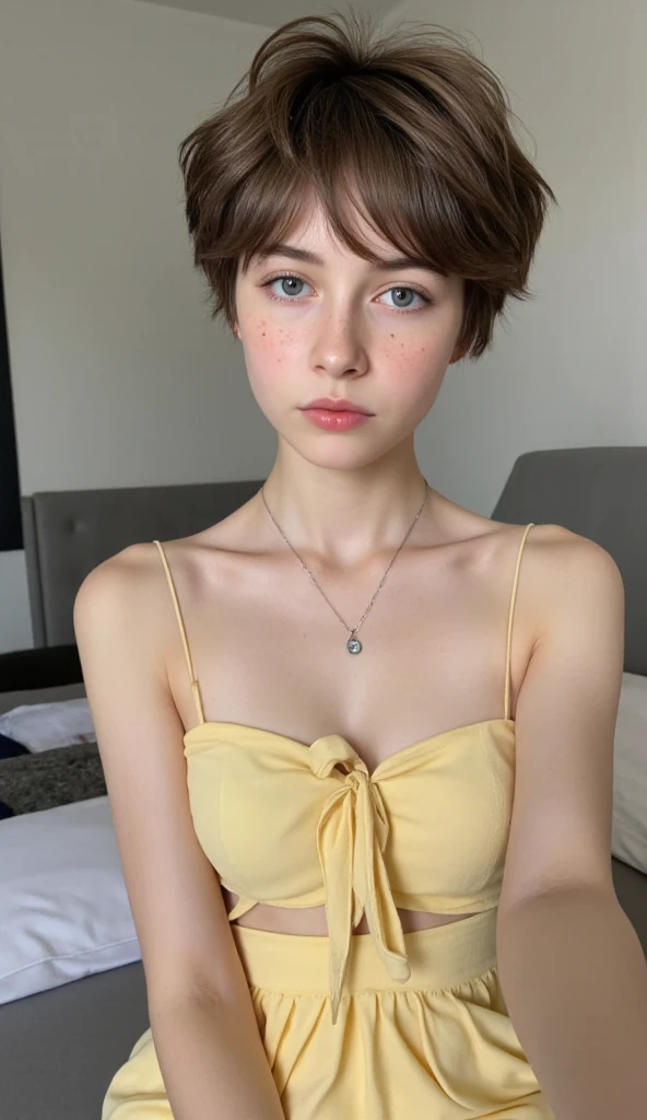 Photo of a 15 year old American girl., .raw, beautiful woman, light brown hair pixie , pixie hair cut , Light brown hair((portrait)), ((detailed face:1.2)), ((detailed facial features)), (Piel finamente detallada), Pale skin , freckles on cheeks , blue eyes , 、a sexy one(color fresco), wet, wet, Nice piece reflector) (proporciones perfectaotos realistas)(The best quality) (detailed) fotografiado con una EOS R5 de Canon, 50mm lens, f/2.8, NffSW, (8k) (wallpaper) (cinematic lighting) (Dramatic lighting) (Sharp focus) (Convoluted) big breasts , big breasts , freckles on cheeks , Whole body , beautiful teenage body , posing sexy to the camera , posing from the front for the camera ,cute makeup , big smile , open lips , fondo variado , black cowboy suit