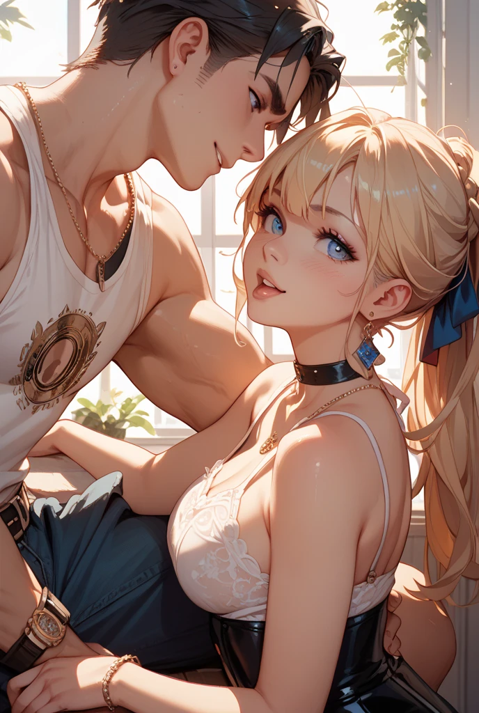 (masutepiece:1.5)、(top-quality:1.5)、(16k wallpaper:1.2)、(Photorealsitic:1.2)、(ultra-detailliert:1.2)、(超A high resolution:1.2)、(Ultra-detailed and realistic skin:1.2)、(A black-haired man and woman are facing each other and hugging each other:1.5)、(Sitting on a hotel bed)、18 year old beautiful woman、Very detailed and beautiful sharp eyes、Powerful and beautiful eyeshadow、(Slender woman with body shape:1.2)、Natural Color Lip、(long blonde hair covering one eye)、(black sexy bra and panties 1.3)、A smile with shame、Constricted waist、