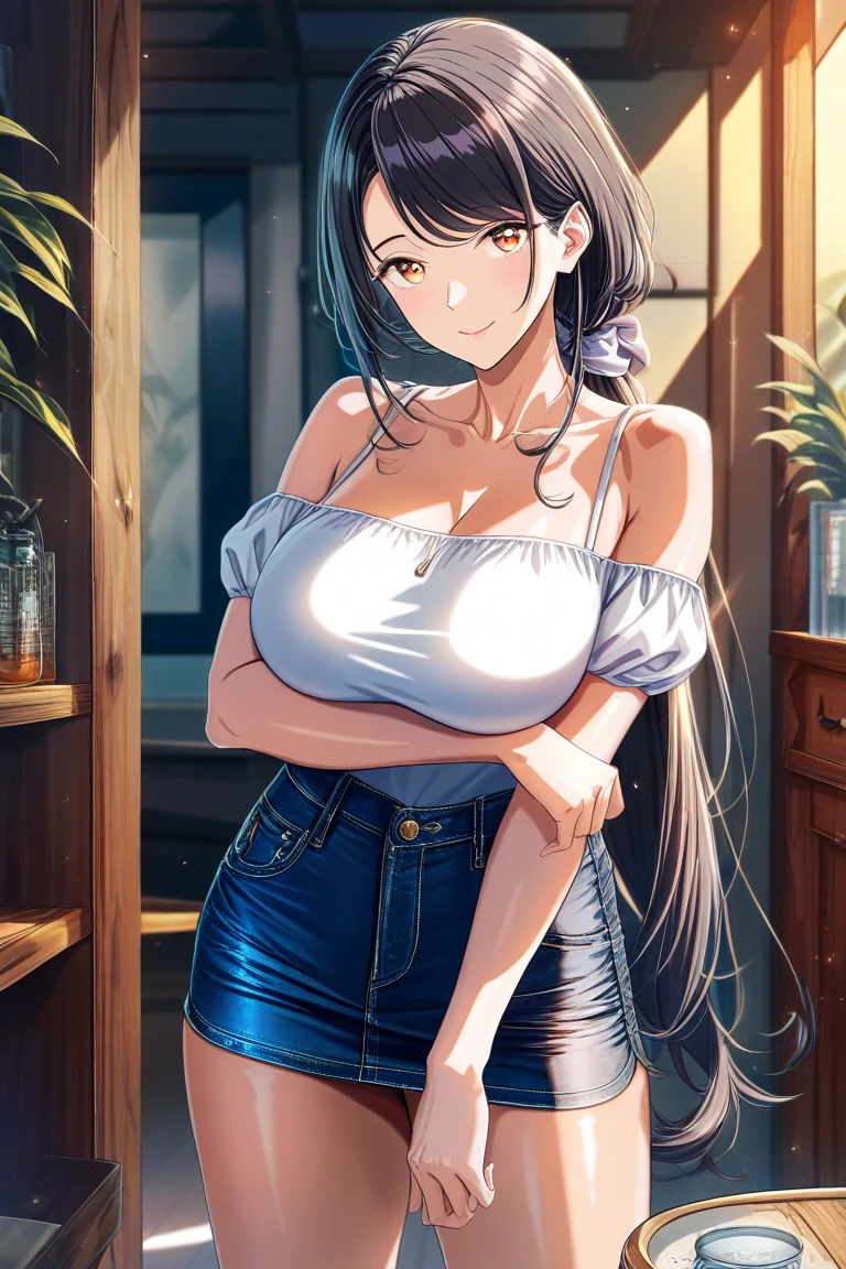 ((Tabletop, Highest quality, High resolution, , Pixel Perfect, 4K,))), 1 female, 、The whole body is visible、 ((Long Wavy Hair, bangs, Brown Hair)), ((Brown eyes, Beautiful eyelashes, Realistic eyes)), ((Detailed face, Blushing:1.2)), ((Smooth texture:0.75, Realistic texture:0.65, Realistic:1.1, Anime CG Style)), Medium sized breasts, Dynamic Angle, Perfect body, (( , , White camisole、No bra、、 Tight jeans pants、Take off your pants below your knees、、、)), Gold Hair Ornament、Cross Necklace、、Very embarrassing panic smile, 、、、、、Leaning forward、Nipples are slightly visible、Sideboob、、Place both hands on the wall and stretch your arms out、Stick your butt out、Luxury apartment kitchen、、、、、、 、)、