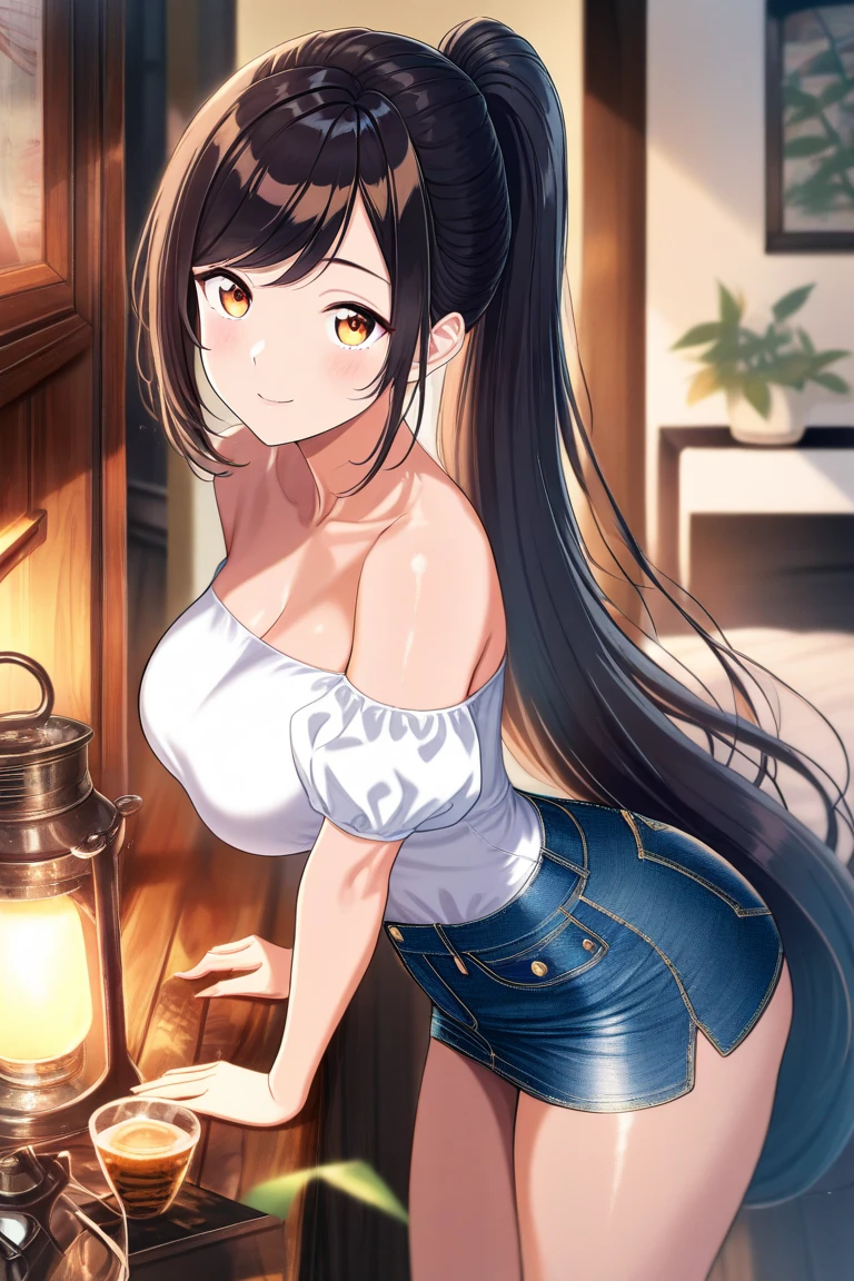 Girl with big boobs and big butt wearing tight and revealing outfit and short skirt with no under wear long black hair facing foward