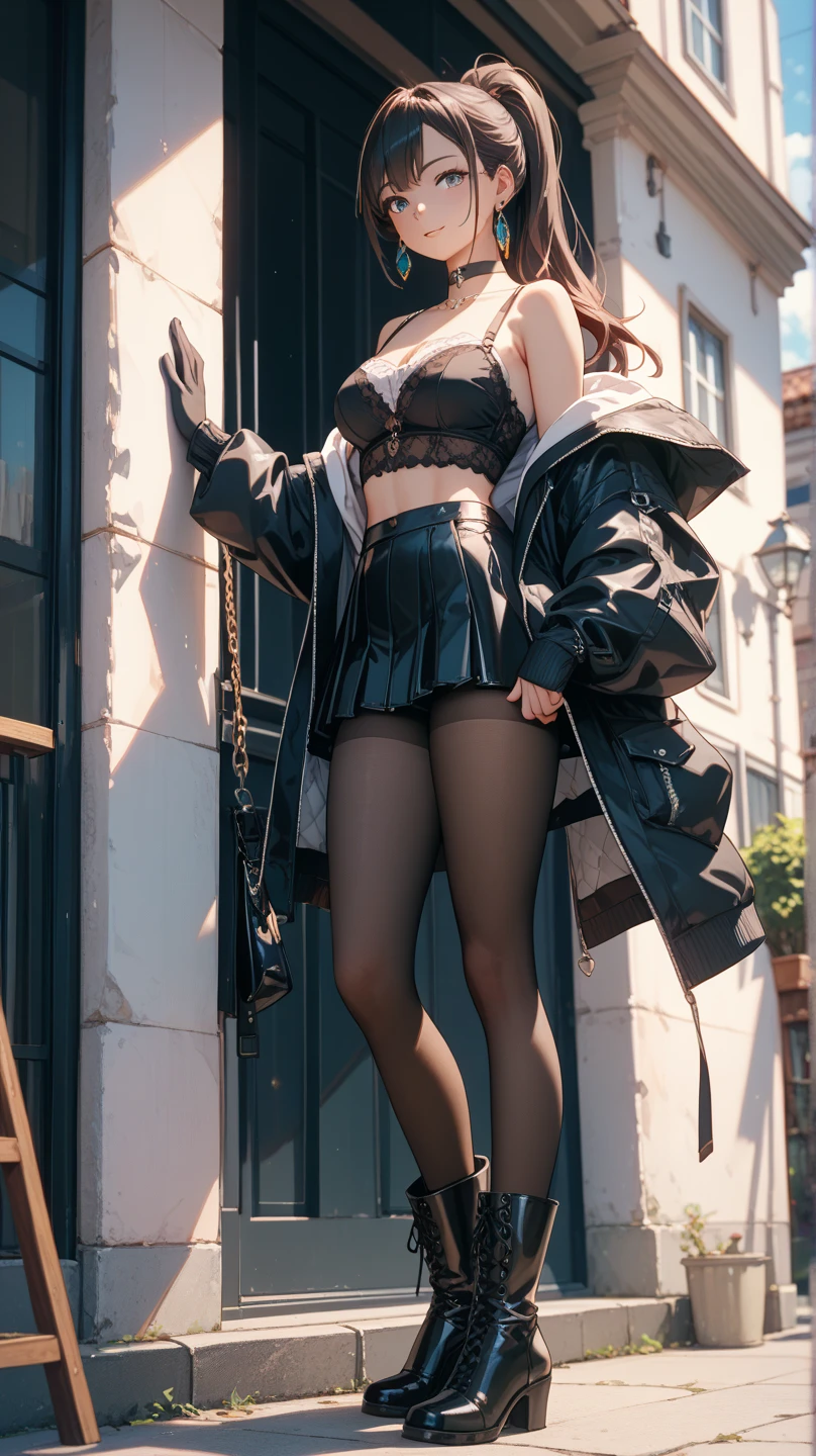 Highest quality, wonderful_delicate, beautiful, 8k, ((Jacket, Earrings, choker,)) concept,whole body,Leaning against a wall,View your viewers,Ultra Mini Skirt,Black lace socks,garter belt,Knee-high boots,winter,Snow is falling,Red intricate lace and lingerie