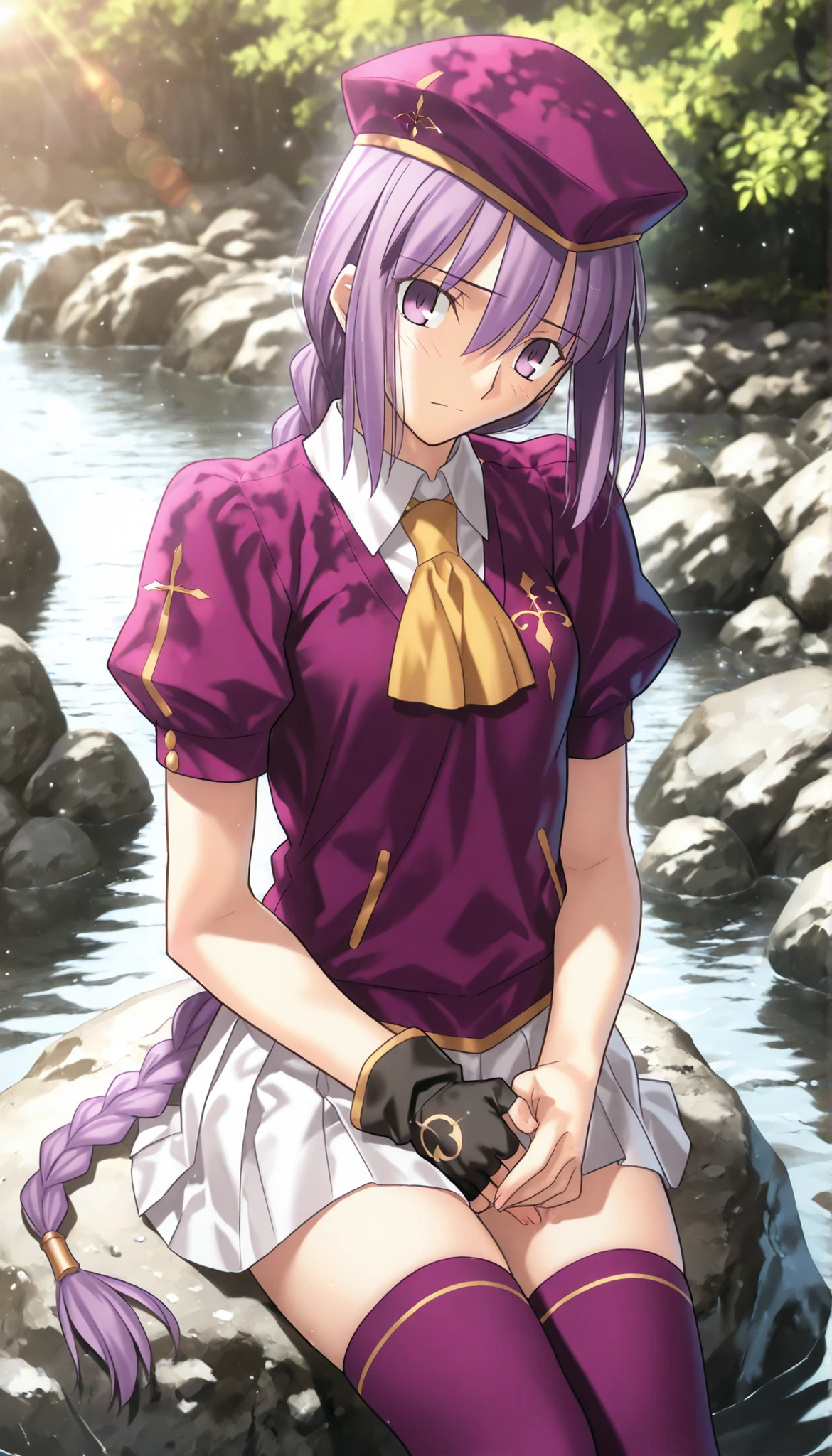 masterpiece, , absurdres, highres, detailed background, high resolution, masterpiece, necessary, detail, best quality, quality, necessary, details, High details, Precise, 8k outdoors, (colorful light particles, powder light, river), day, lens flare, blurry background, from above,                                            
                                                                                                                                                                                                                         1girl, Takeuchi Takashi (type-moon,tsukihime) style, takeuchi takashi style, (aged up), (sitting on rock),(fidgeting) ,long thighs, cowboy shot,  
   
girl, (slender body, slim arms, slim bod), (Sion) Eltnum (Atlasia) ,sion eltnam atlasia,(fate), purple hair , purple eyes, tsurime, hair between eyes ,long bang, long hair , braided hair , braided ponytail , yellow ribbon , EltnumOutfit ,small breasts, light purple sweater ,puffy short sleeves, collared undershirt , white undershirt , undershirt , yellow ascot ,(short sleeve), ,white skirt ,miniskirt, gold trim ,purple thighhighs ,single glove ,fingerless glove, black glove ,dark purple beret, ,((head tilt)), looking at viewer,(small breasts), , 