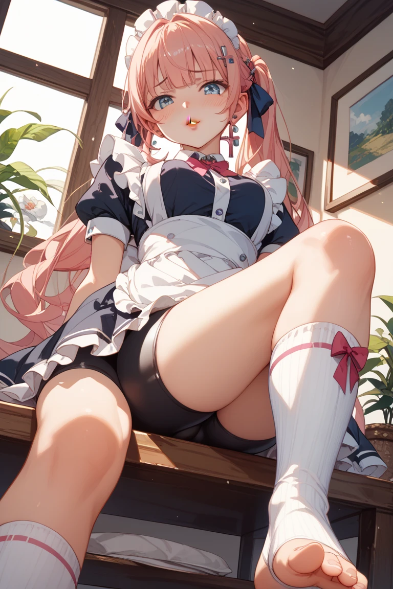muste piece、masterpiece、highest quality、Super detailed、High resolution、8K portrait、High definition CG of Unity 8k wallpaper、cute type little:1.5、:1.5、Highly detailed CG unity 8k wallpaper、Realistic、real person、 portrait photography、shiny skin、High definition、(16 y)、(1 girl)、beautiful clear eyes、extremely detailed description、delicate face、nice lips、slender body、flat chest、(thin waist)、thin legs、(garden:1.6)、1 girl, cute type, perfect face, seriously, (blush:1.5),(Pink hair twin tails:1.3),(flat chest:1.3),((Maid clothes:1.3)),(black dress),(half nude:1.2),(I havpples:1.2),(lookinew),(from front),gran,(wearing shoes),((climax in vagina:1.5)),(hanind back:1quat)
