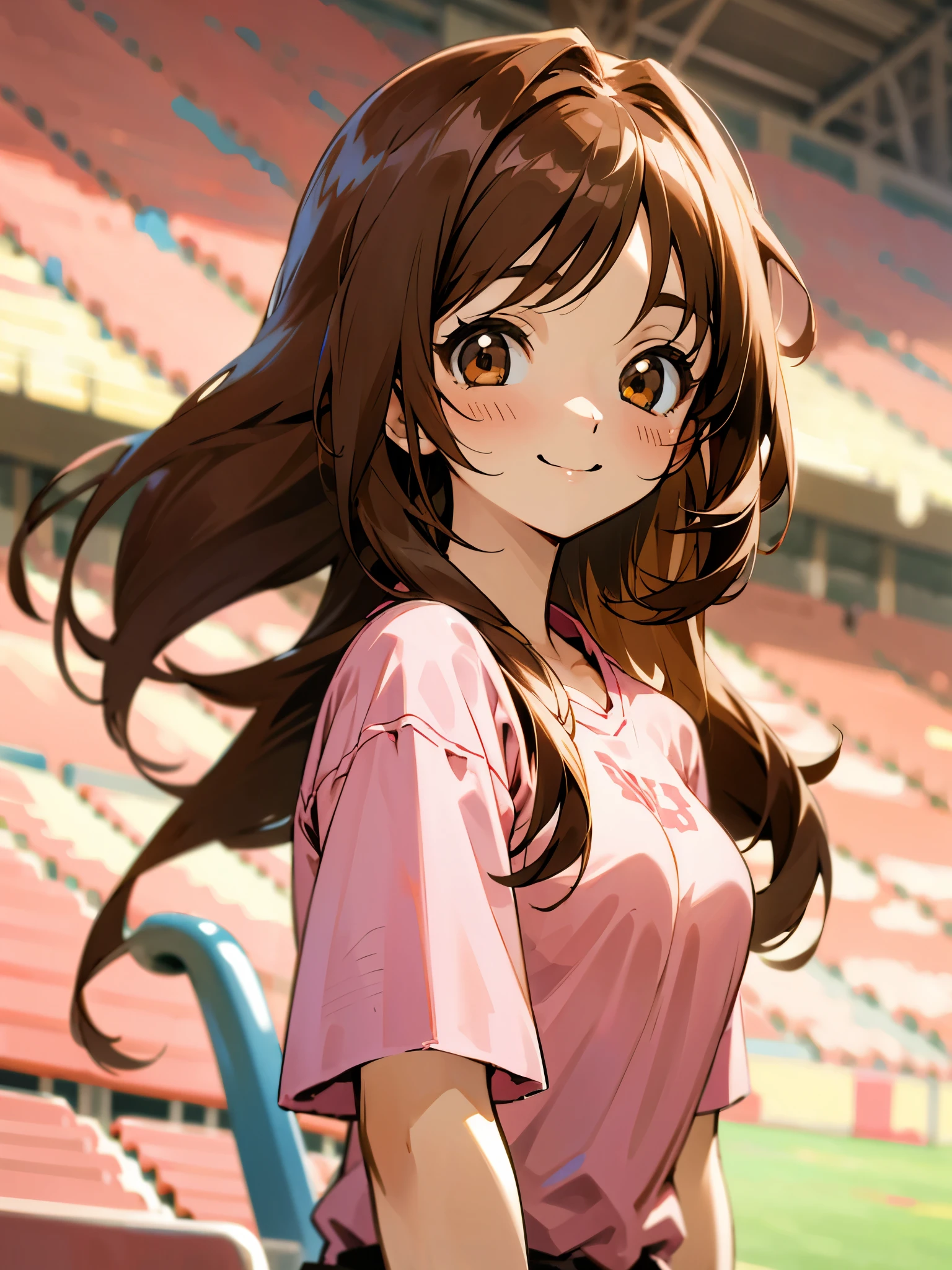 one girl、Anime Paintings、brown hair、long hair、brown eyes、bright color、pink shirt、happy smile、upper body close-up、stadium stand seat background