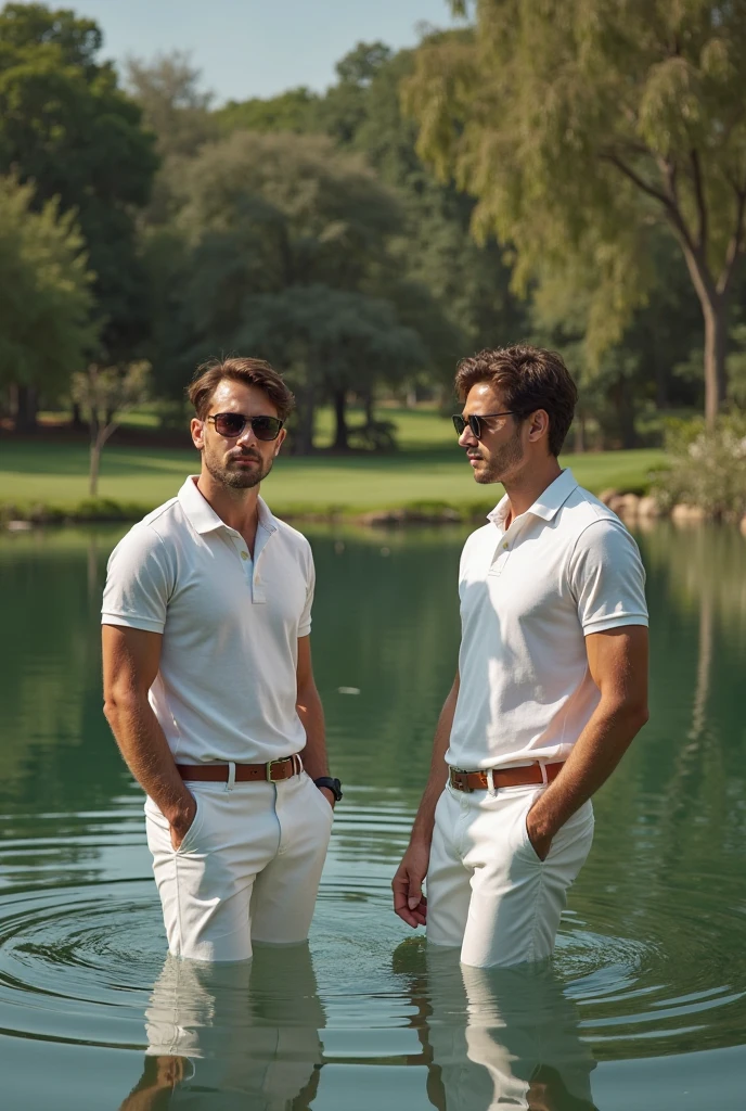 hot muscular man in tight polo and pants fullbody