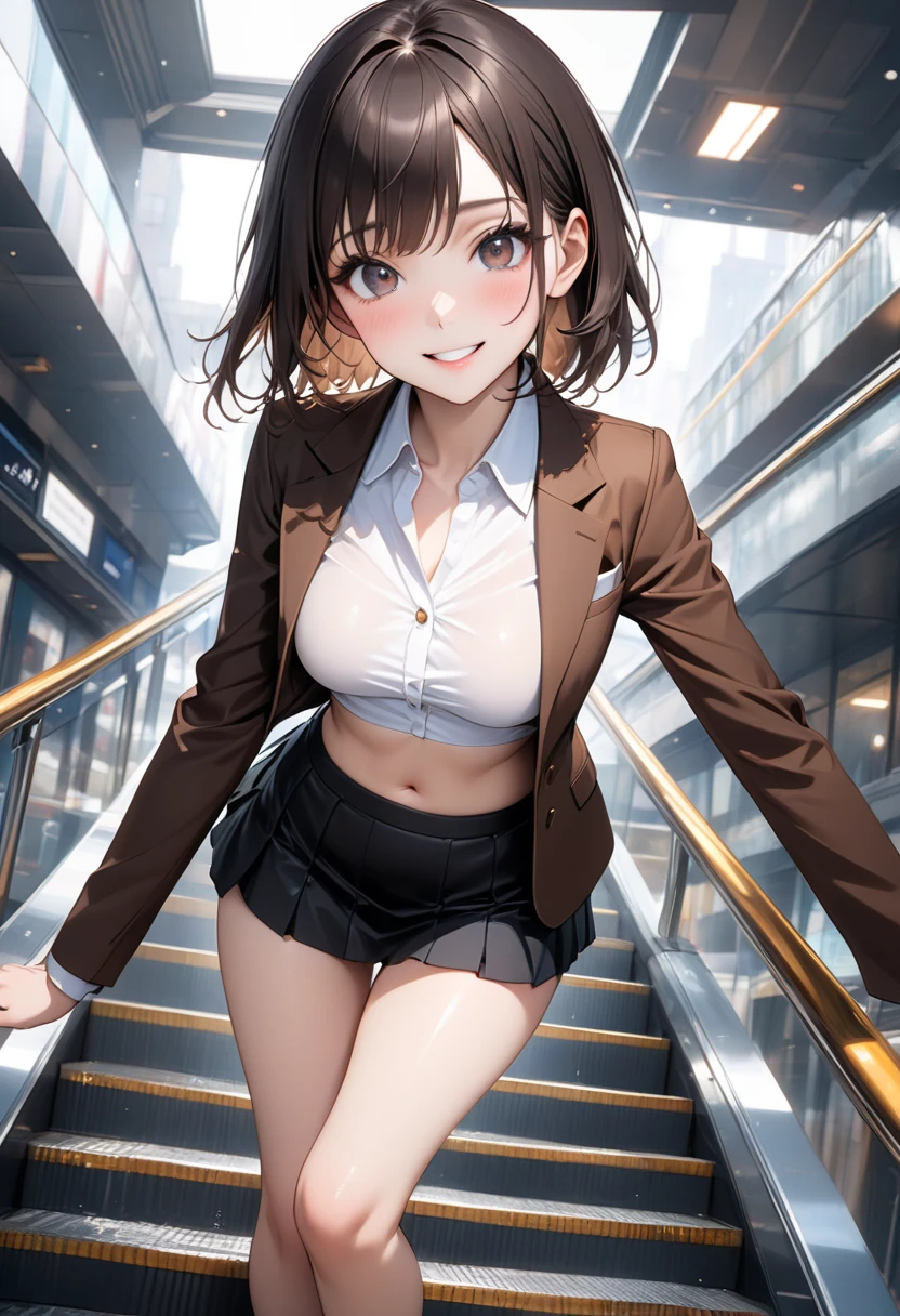 ((masterpiece,best quality anime,Highest quality:1.3)),realistic,(cowboy shot),25 year old beauty,solo,1woman,((very small head:1.3)),((very long body:1.2)),ideal ratio body proportions,(tan skin),brown hair,bangs,straight long hair,gorgeous eyes,brown eyes,smile,(Black formal jacket、Black tie、Black tight mini skirt),White collared shirt、((slender body,skinny,toned body)),small breasts,gleaming skin,、on street,Shibuya Station、、
