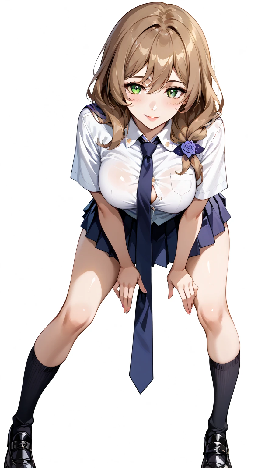 ((Correct Anatomy)),(Are standing),(Female student)、((school uniform))、((Short sleeve))、(Mini Pleated Skirt),(((Black Stockings))),((Lace panties)),((Low - Angle)),((School stairs)),Ultra-high resolution,Mature Woman, Mature Woman, Very detailed,Sunburned skin,Brown Skin, (Big Breasts),((Beautiful feet)),Perfect hands, Detailed fingers, Beautiful details, ((Long blonde hair)),((ponytail)),Black Choker, Earrings,Perfect Eyes, Captivating eyes,(open-chest)