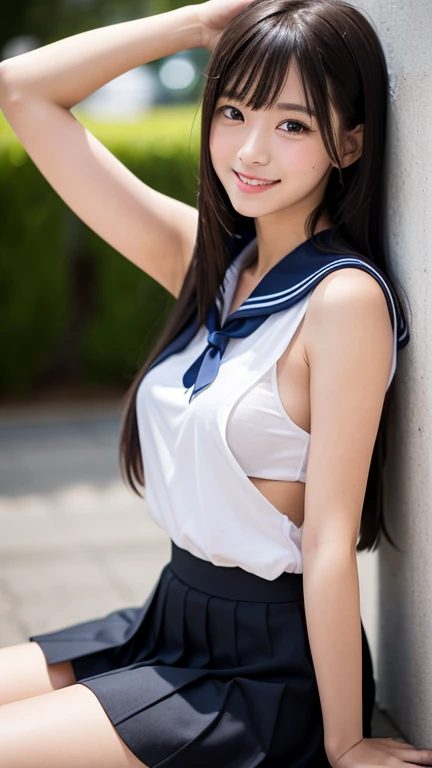 8k UHD、Digital single-lens reflex camera、High resolution、shallow depth of field、Natural light、(((sailor suit)))、(((Dark blue super mini skirt)))、(((full body shot)))、small person、(((young face)))、1 Japanese girl、; beautiful girl、(black hair)、(((brown eyes)))、Glossy skin、smooth thin hair、long hair、detailed background、highly detailed eyes and face、clear eyes、cute smile、Calm atmosphere、(((climb the stairs)))、(((detailed small breasts)))、(((beautiful eyes)))、petya pie、children `s、(((tight thighs)))、(((white panties)))、(((angle from below) ))、(((detailed lips)))、(((The skirt is fluttering)))、beautiful shining legs、((nsfw))