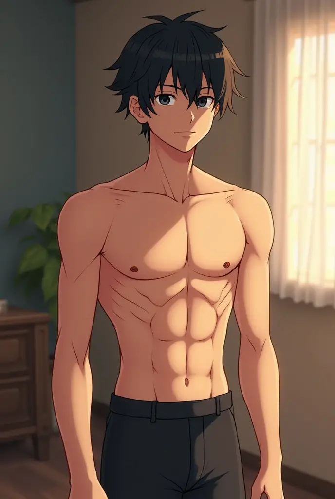 1boy, buzzcut, school uniform, tall, topless, muscular, undressing gray pants, black eyes, bedroom, looking at the viewer, smile 😈, sunset