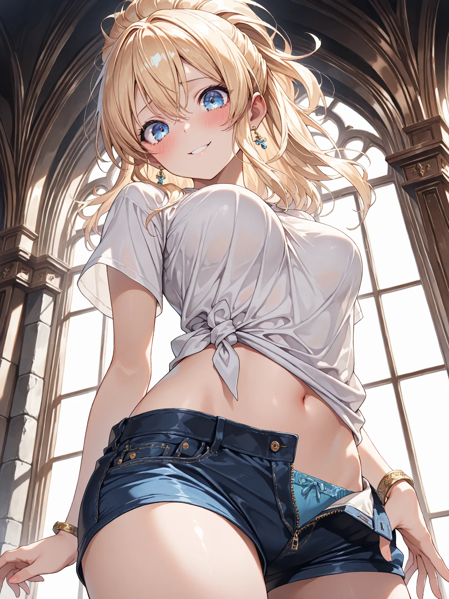 topless, no top, beautifully stratched out,(Superflat, Flat Shading, flat-colors:1.1)、(Bright blonde hair、short-hair、American boyish girl)、crotch open、Smiling、White underwearの股布が見えるように描く、Skirt flipping、((Torn and tattered denim skirt、White underwear))、Choker、When I look through the viewfinder、A bracelet、Thigh strap、Body Painting、Head tilt、8K resolution、intricate clothing、Intricate details、1girll、Solo、Standing、Cowboy Shot、Arms at sides、a miniskirt、Detailed panties((from behind、hindquarters、heart cutout、hip incision))、Volumetric lighting、Soft light、Bright、neons、Vibrant colors、watercolor paiting、