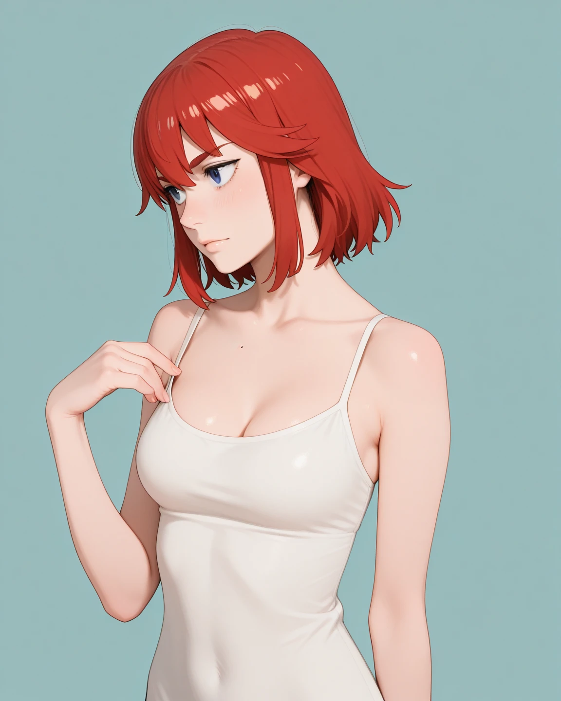Teenage girl with short red bob and green eyes and big breasts.,Hair band on the head,