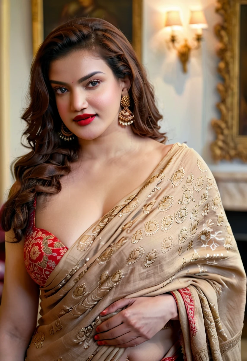 In a sofa a Plus size beautiful woman looks like aishwarya rai wearing white blouse and red saree with one hand back to her head 