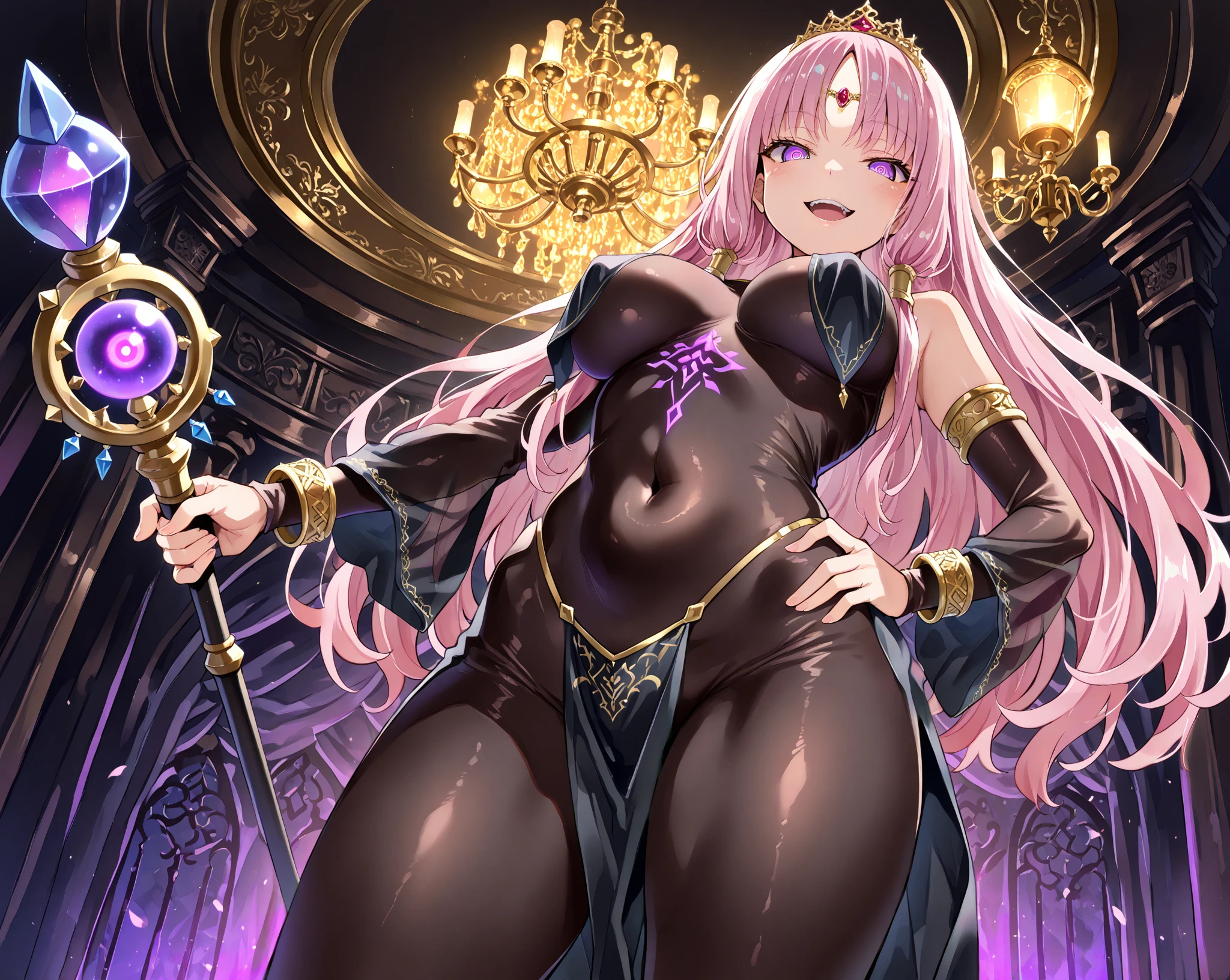 amethyst bikini, amethyst crown, bare belly, big breasts, purple hair, red eyes, godness of thunder, thunder magic