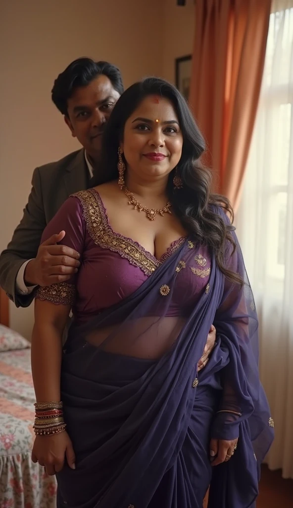 A radiant, full-figured South Indian 25 year old girl wearing a black saree tenderly hugging and kissing a jubilant 35-year-old man while laying on bed, captured in a full-body image with vibrant hues and meticulous details. Full body image
