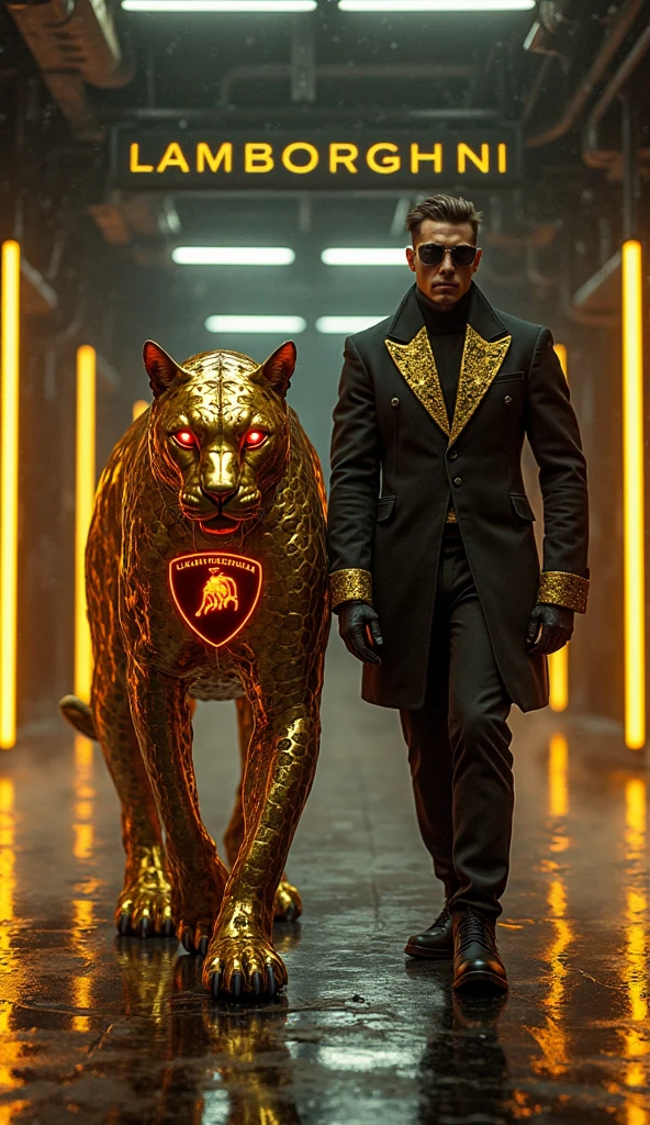Man standing with lion,standing on a pile of gold,Show off your wealth