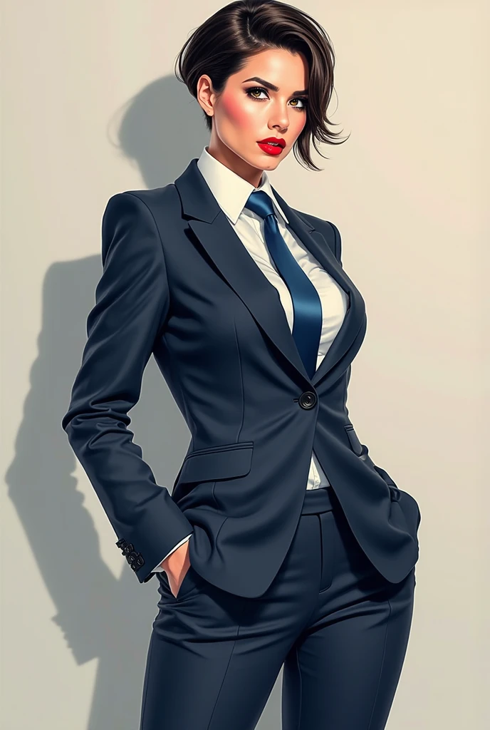 masterpiece, best quality, ultra-detailed, high contrast, realistic,(1woman),beautiful detailed eyes, looking at viewer,muscle thighs, tattoo, chest tattoo, thigh tattoo, sternum tattoo, White hair, bob cut Hair. CEO, professional, blue blazer, women’s suit jacket, professional skirt, glasses, secretary, office building, flirty, bra under blazer.