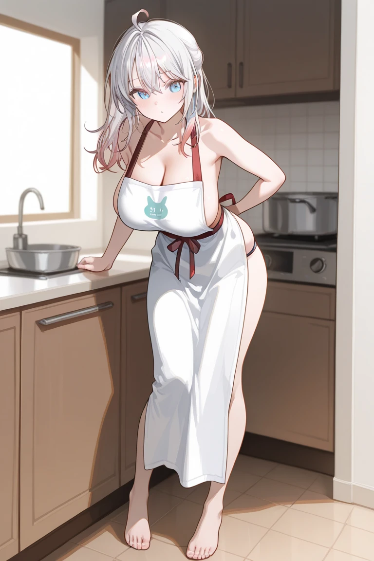 (Masterpiece), Best Quality, ultra-detailed, perfect hands, Delicate eye expression, 1girl (rinko_iori, Sexy, A voluptuous and sexy body, Big and pretty breasts, naked body, dark blue hair, long hair, blue eyes(empty eye)),open mouth,red lipstick, solo, nude, In the kitchen, standing, naked apron,Full-body, provocative pose,wicked smile, Sexy waist teasing,, come-on, skirt lift