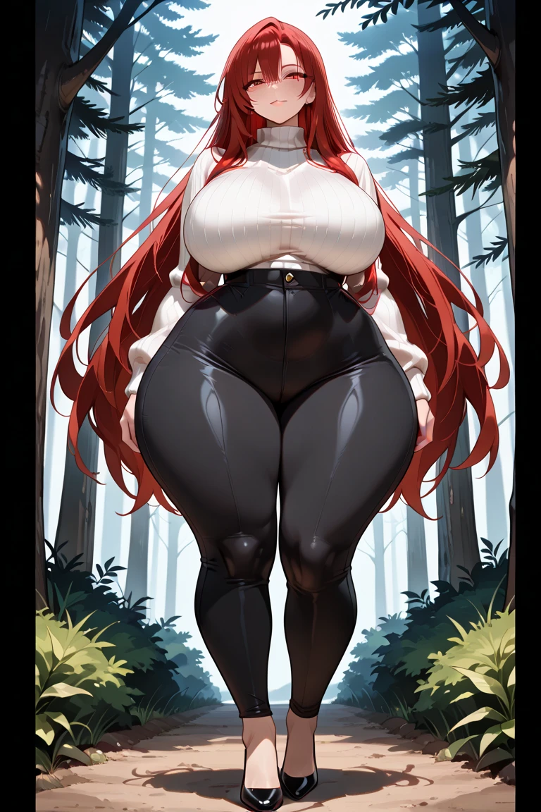 (masterpiece, best quality:1.2) best quality, focus, girl design, portrait, giesha, anime image, long hair, red hair, shy and horny look, heterochromia eyes, hair covering horns, demon horns, tight latex tank bra, blue short jeans, black jacket, hands on chest, round thick giant breasts, ((huge breasts)), ((large breasts)), ((enormus breasts)), in a forest, anime style, full body, masterpiece, highres