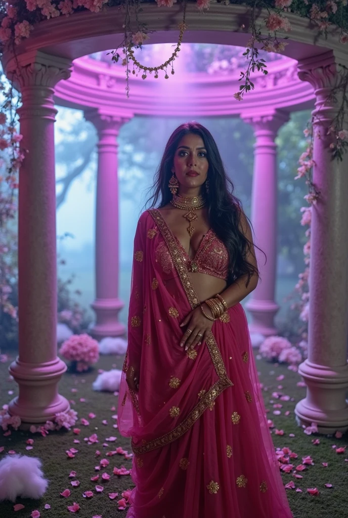 film actress big boobie adah sharma in a fantasy flowers garden she laying on a golden throne, realistic neon eyes, wearing a sexy transparent realistic lingerie, huge jwellery, curvy body, big breast, large cleavage, low lighting, colourfull, sharpen, 70mm lens, f/1.8, accent lighting, global illumination, --uplight --4, 8K