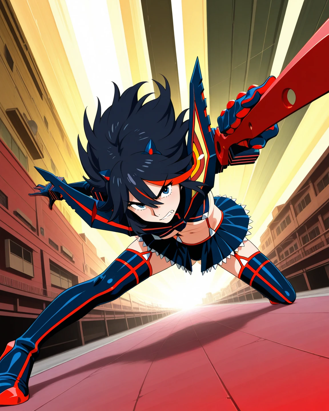 Award-winning art, anime girl, smiling Matoi Ryuuko, full person body, beautiful eyes with lushes, neat leaps, shiney hair, low camera angle, 3D-model, realistic render, 4k, masterpiece, dramatic lighting,