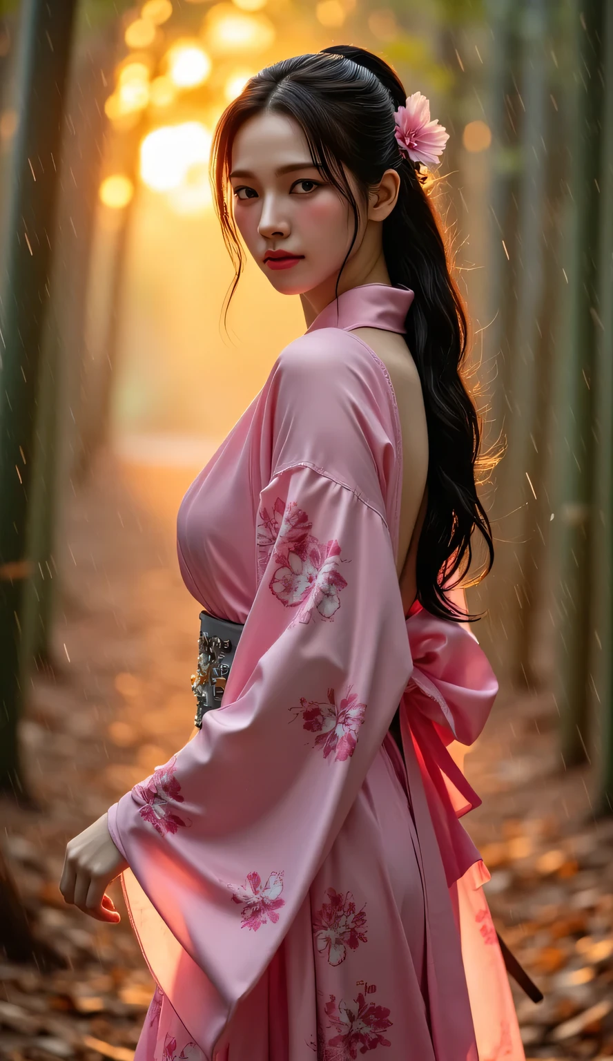 beautiful Japanese woman with big breasts in a revealing kimono, autumn, autumn yellow leaves falling, strong wind, raindrops, walking slowly, beautiful shoes, legs visible